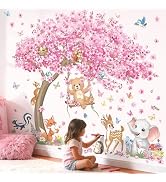 decalmile Large Cherry Blossom Tree Wall Stickers Woodland Animals Bear Deer Pink Flower Wall Dec...