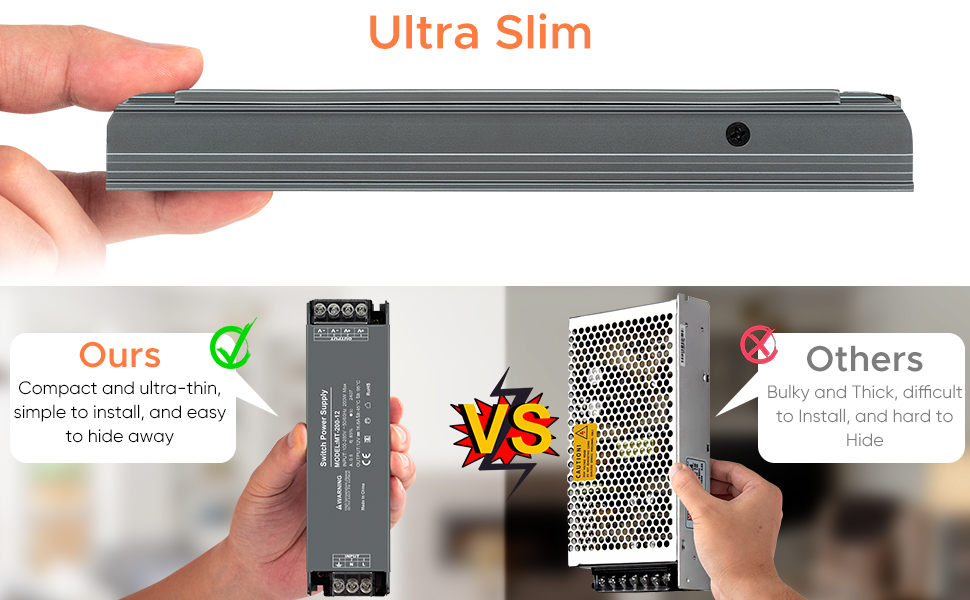 Ultra-slim power supply unit compared to a bulkier alternative. Hands holding both to demonstrate size difference. Text highlights easy installation.