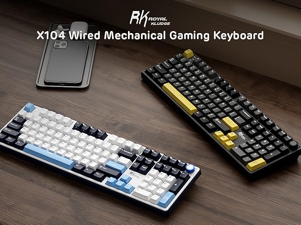 RK ROYAL KLUDGE X104 keyboard wired 104-key layout for gaming and work, keeping every key ready
