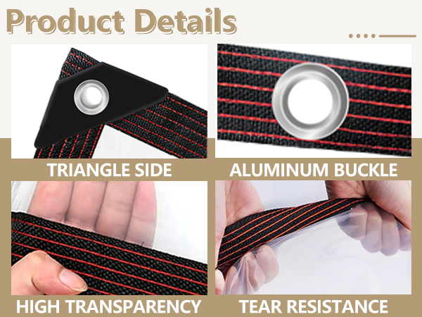 Product detail grid showing black strap features: triangle side design, aluminum buckle, transparent material quality, and tear resistance demonstration with red stitching.