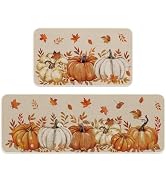 FYSUIMU 2Pcs Fall Kitchen Mat White Orange Pumpkin Maple Leaves Welcome Floor Mat Non-Slip Door R...