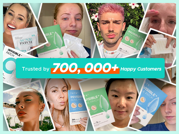 Text reads 'Trusted by 700,000+ happy Customers'. Collage of diverse people holding skincare and beauty products with green and blue packaging.