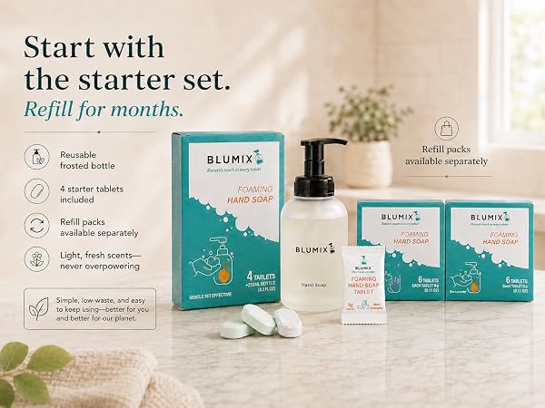 Start with the hand soap starter set and continue refilling with the convenient refill packs