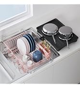 JASIWAY Pink Dish Drying Rack in Sink, Expandable Stainless Steel Dish Drainers with Drainboard f...