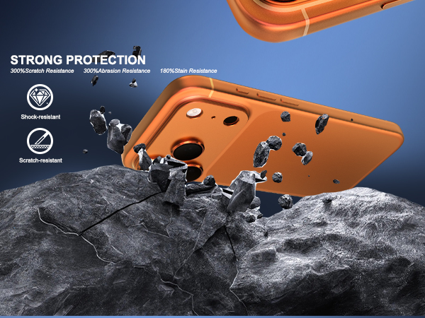 Text reads 'STRONG PROTECTION'. Orange protective equipment shown against dark background with smoke effects and technical specifications.