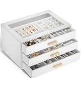 AKOZLIN Jewelry Box with Clear Lid Functional Leather Jewelry Storage Organizer Case 3 Drawers fo...