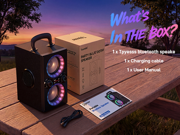 A glowing boombox, product carton, power wire, and user guide on a timber table outdoors.