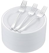 ISFANGCO 120 PCS Silver Dessert Plates Set for 60 Guests,7.5 inch Disposable Silver Rimmed White ...