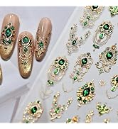 5D Embossed Gemstone Nail Stickers Gold Nail Art Stickers Decals with Green Mace Design Nails Cha...
