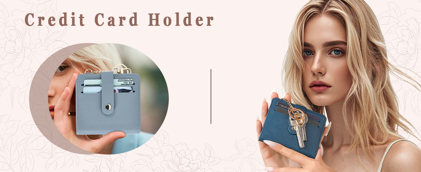 a model holding a credit card holder with key rings, features card slots and a secure strap