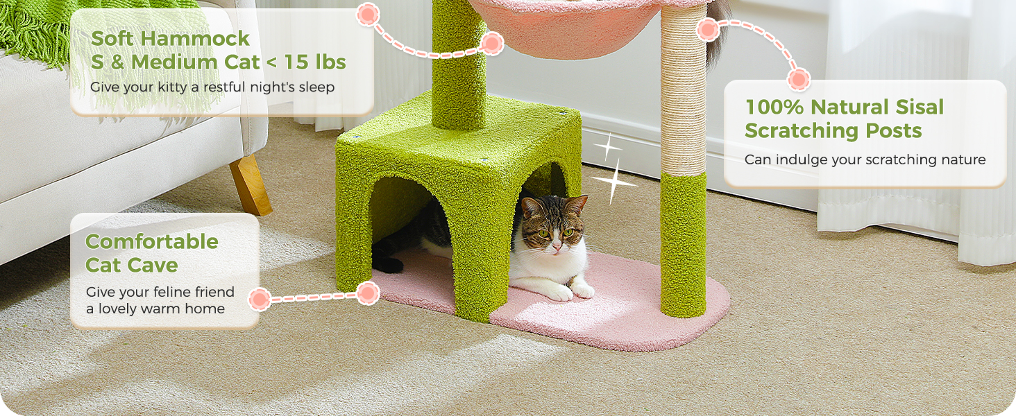 All-in-One Flower Cat Tree Scratching posts, metal hammock, and two-door condo in one cute design.