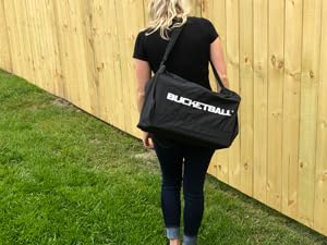 bucketball duffel bag being held by a blonde woman