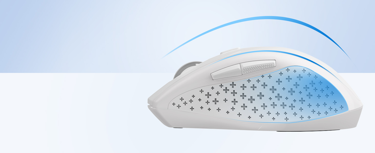 White computer mouse with perforated surface. Blue glow effect suggests cooling or ventilation feature. Ergonomic design with curved shape.