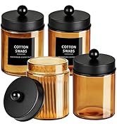 Amolliar Bronze Glass Apothecary Jar, Qtip Holder Metal Lid & Stickers, Bathroom Qtip Dispenser S...
