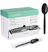 Laojbaba Plastic Spoons Disposable Individually Packaged Spoons Black 7-Inch Commercial Take Away...