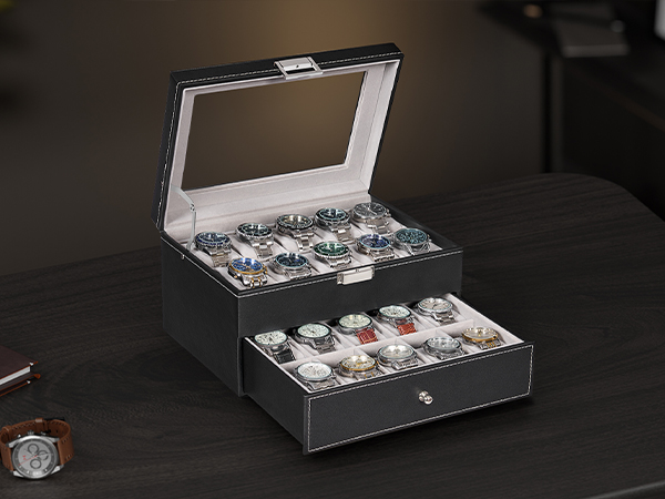 Watch Case, 20-Slot Watch Box for Men, 2-Layer Watch Display Case with Large Glass Lid