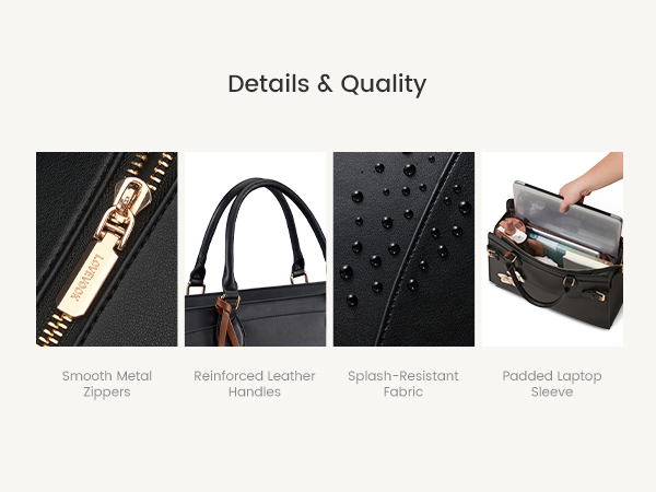 Smooth metal zippers reinforced handles splash-resistant fabric and a padded laptop sleeve inside.