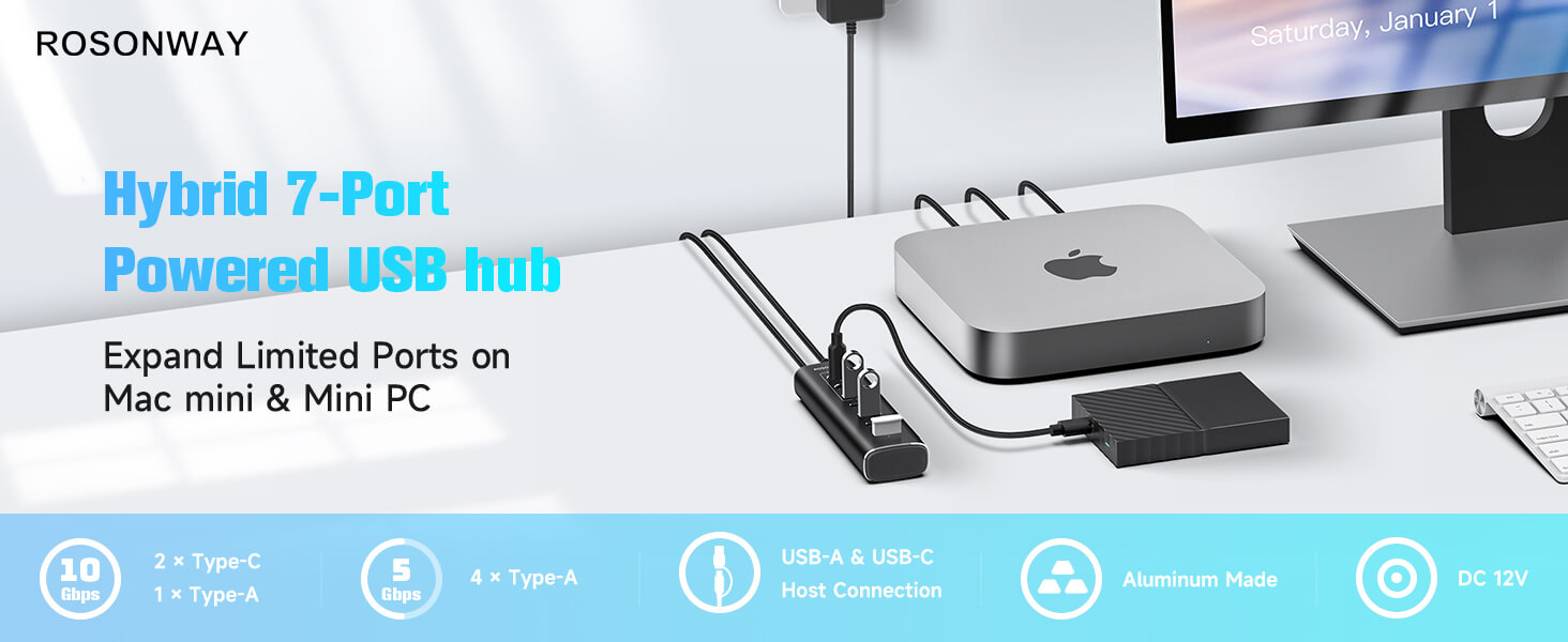 hybrid 7-port powered usb hub for mac mini