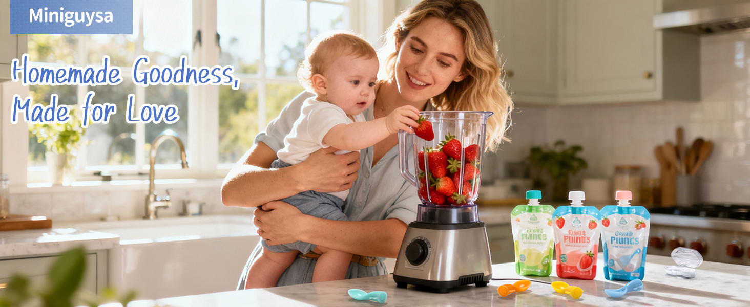 A loving moment as mother and baby craft fresh puree with Miniguysa feeding essentials nearby.