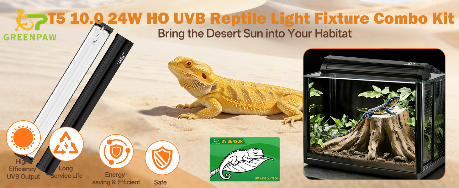 GREENPAW Professional T5 Ho Reptile Habitat Lighting for Bearded Dragons Tortoises,Desert Species