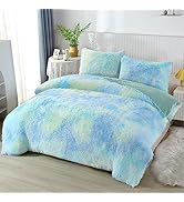 PERFEMET Long Faux Fur Shaggy Comforter Twin 3 Pcs Plush Fluffy Green Tie Dye Bedding Set for Gir...