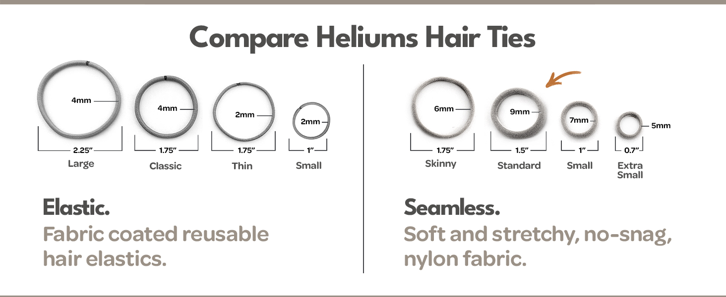 heliums hair tie size chart, elastic vs seamless bands, hair band thickness comparison