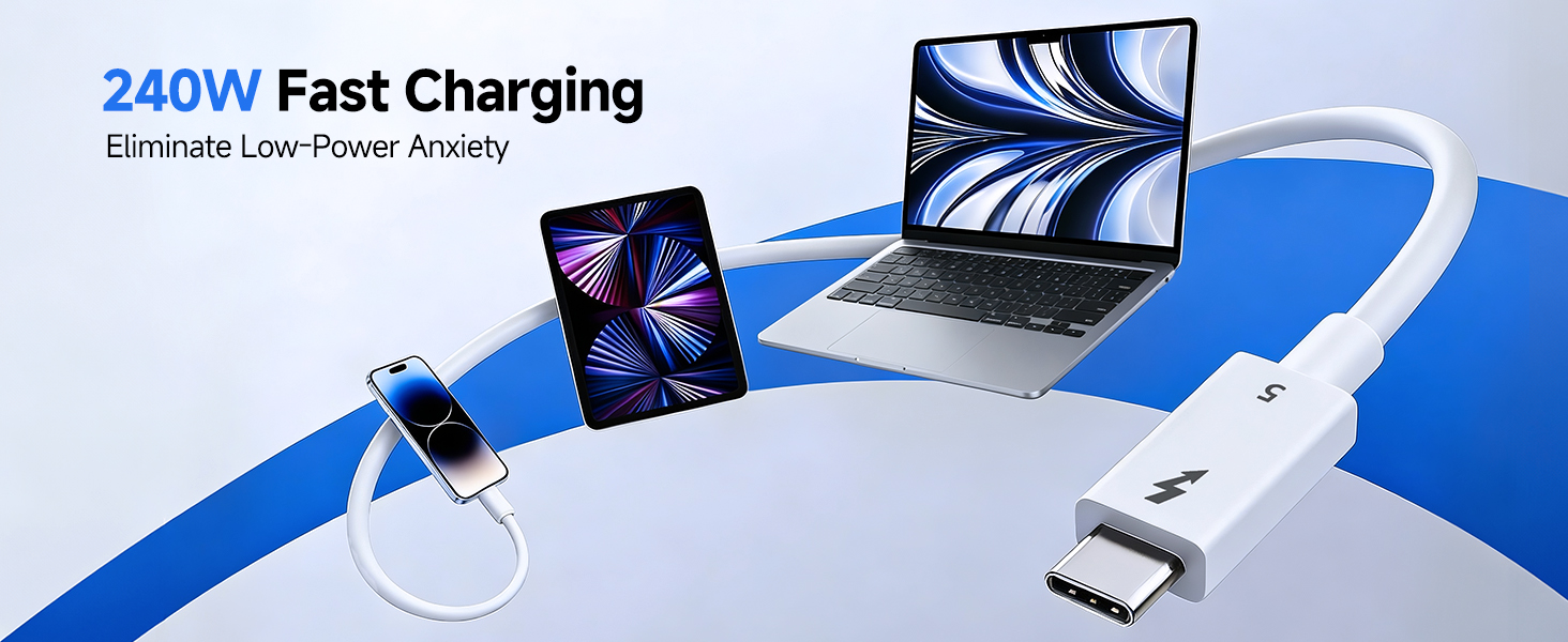 Text reads '240W Fast Charging', 'Eliminate Low Power Anxiety'. Product shows charging device connected to laptop and tablet with blue gradient background.