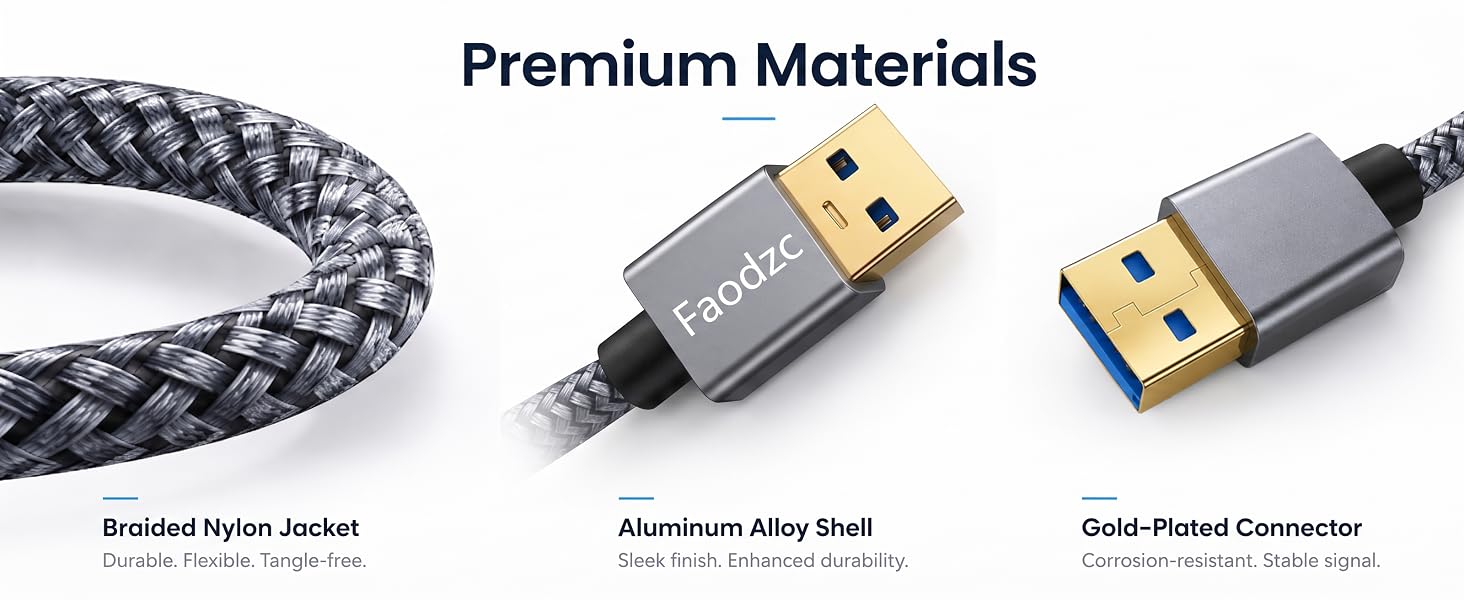 Premium braided nylon jacket, aluminum shell, and gold connectors.