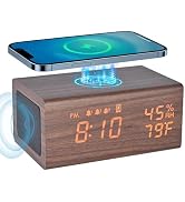 Wooden Digital Alarm Clocks,10W Wireless Charging with 3 Alarms, Dual 5W Stereo Bluetooth Speaker...