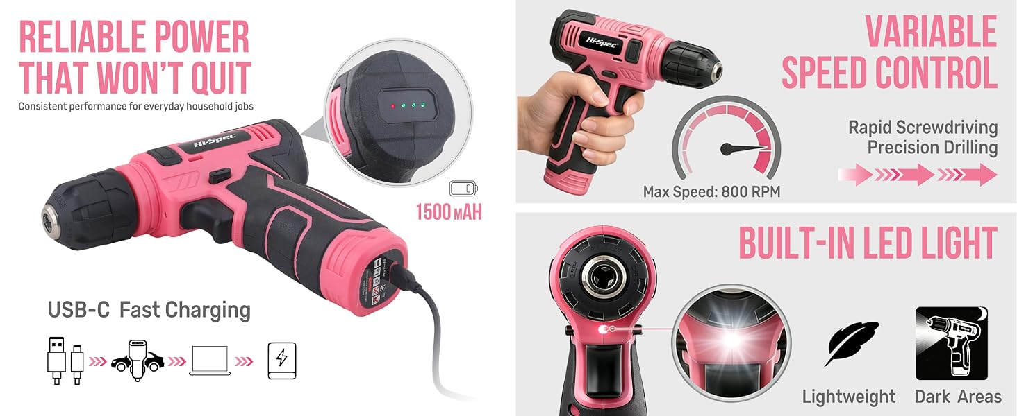 Hi-Spec 8V USB Pink Power Drill Driver