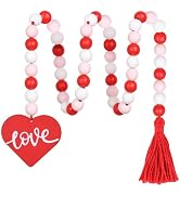 Valentine's Day Wood Beaded Garland with Tassel, Valentines Day Decor Farmhouse Rustic Beads Garl...
