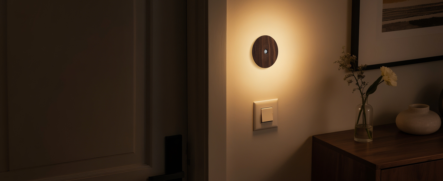 Solid wood motion sensor night light near switch for guidance.