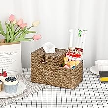 Square Tissue Box holder with side storage bin for Dining Table