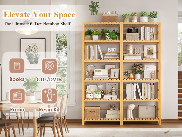 FOTOSOK 6-Tier Bamboo Shelf