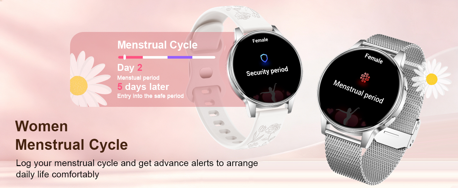 Text reads 'Menstrual Cycle,' 'Women,' 'Menstrual Cycle' with tracking information. Two smartwatches with silver mesh bands displayed on pink background with flower graphics, indicating menstrual cycle tracking functionality and health monitoring features.