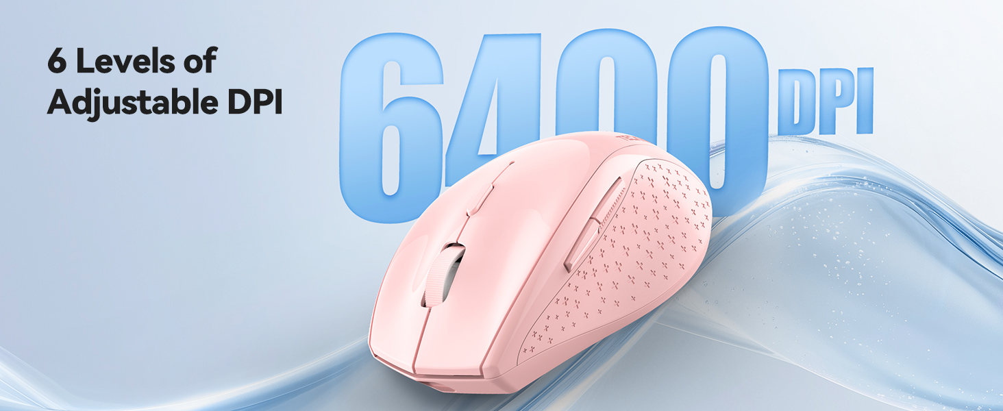 Text reads '6 Levels of Adjustable DPI'. Pink gaming mouse with LED lighting shown from multiple angles, featuring ergonomic design and adjustable settings interface.