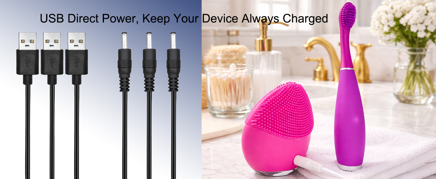 easy to use usb charger, secure dc connection, plug and play charging cable, usb to dc 3 pack