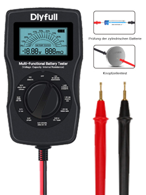 Digital multimeter with LCD screen, function dial, and red/black probe leads. Device displays voltage, current, and resistance measurements.