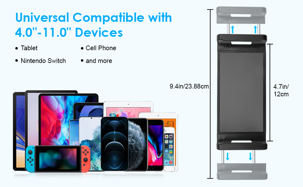 Text reads 'Universal Compatible with 4.0-11.0" Devices'. Product dimensions diagram showing 8.4x23.8mm mount with illustrations of various compatible devices including tablets and phones.