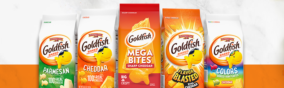 Goldfish Parmesan, Goldfish Cheddar, Mega Bites, Goldfish Flavor Blasted, Goldfish Colors
