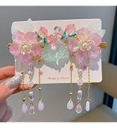 2Pcs Vintage Pink Flower Hair Clips,Sakura Decorative Hair Clips Tassel Pearl Barrettes Hanfu Fri...