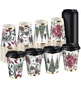 RUSPEPA Disposable Paper Coffee Cups with Lids 12 oz - 48 Pack Christmas Pinecone Floral Printed ...