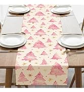Croar Pink Christmas Tree Dining Table Runner, Xmas Pine Trees Snowflake Stars Burlap Kitchen Dec...