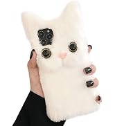 SGVAHY Furry Case for iPhone 15 Cute Cat White Fur Fluffy Soft Warm Plush Fuzzy with Bling Glitte...