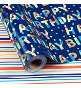 Flyhill Reversible Birthday Wrapping Paper-Metallic Foil Colorful Birthday Lettering & Stripe&Shi...