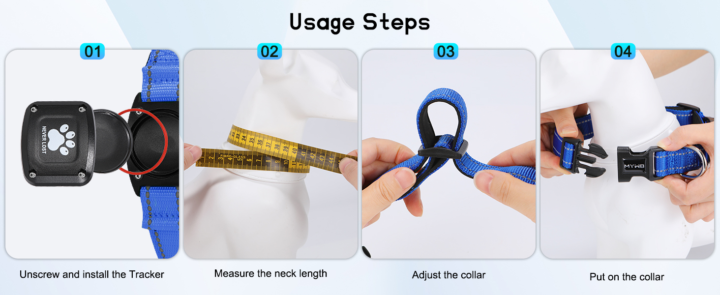 MYIWB Dog Collar Usage Steps: Install Tracker, Measure Neck, Adjust & Put On