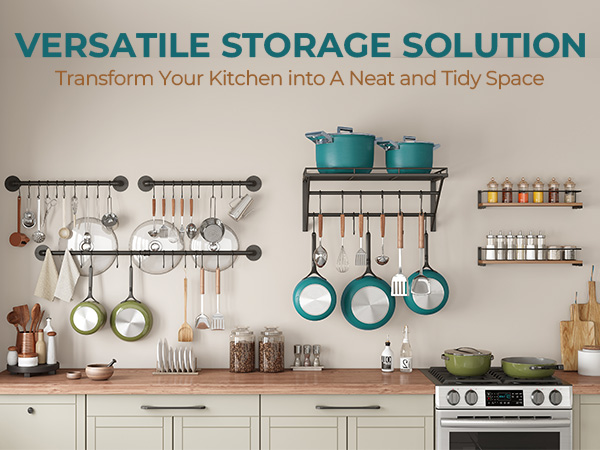Kitchen wall with versatile storage solutions including hanging racks for utensils, pots, and spice jars. Teal cookware and wooden accessories visible.