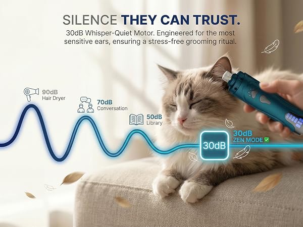 Cat staying calm beside YABIFE nail grinder with 30dB quiet motor comparison graphic