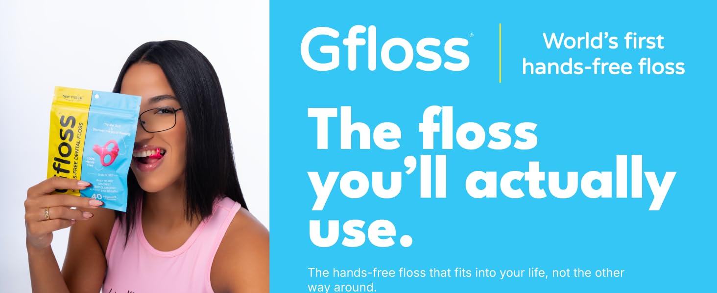 Gfloss bag held by young woman, smiling with a gfloss between her teeth