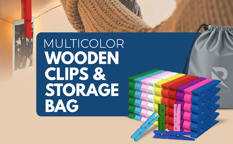 Multicolor Wooden Clips and Storage bag